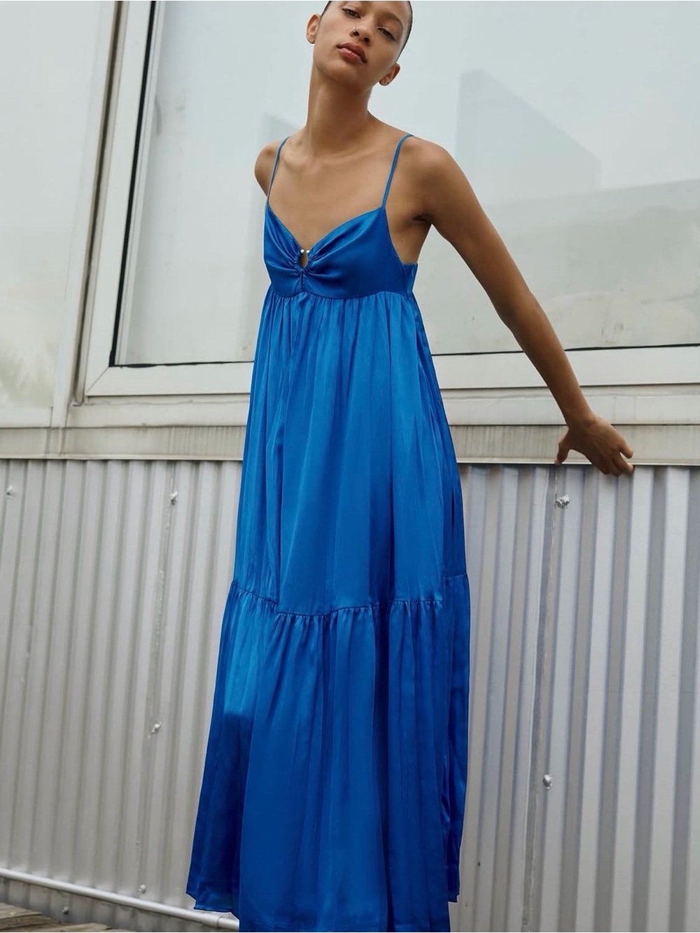 Zara Blue Satin Spaghetti-Strap Maxi Dress